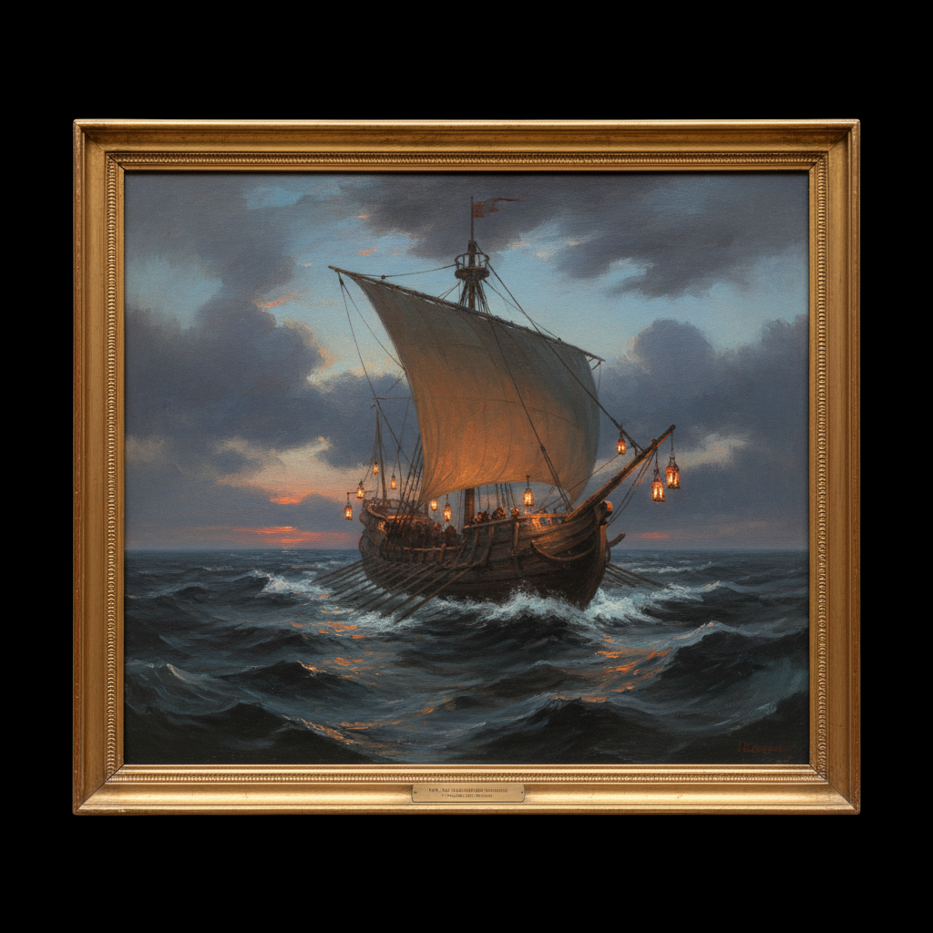 An atmospheric painting of a medieval galley ship navigating dark, choppy waters at dusk, its lanterns casting a flicker