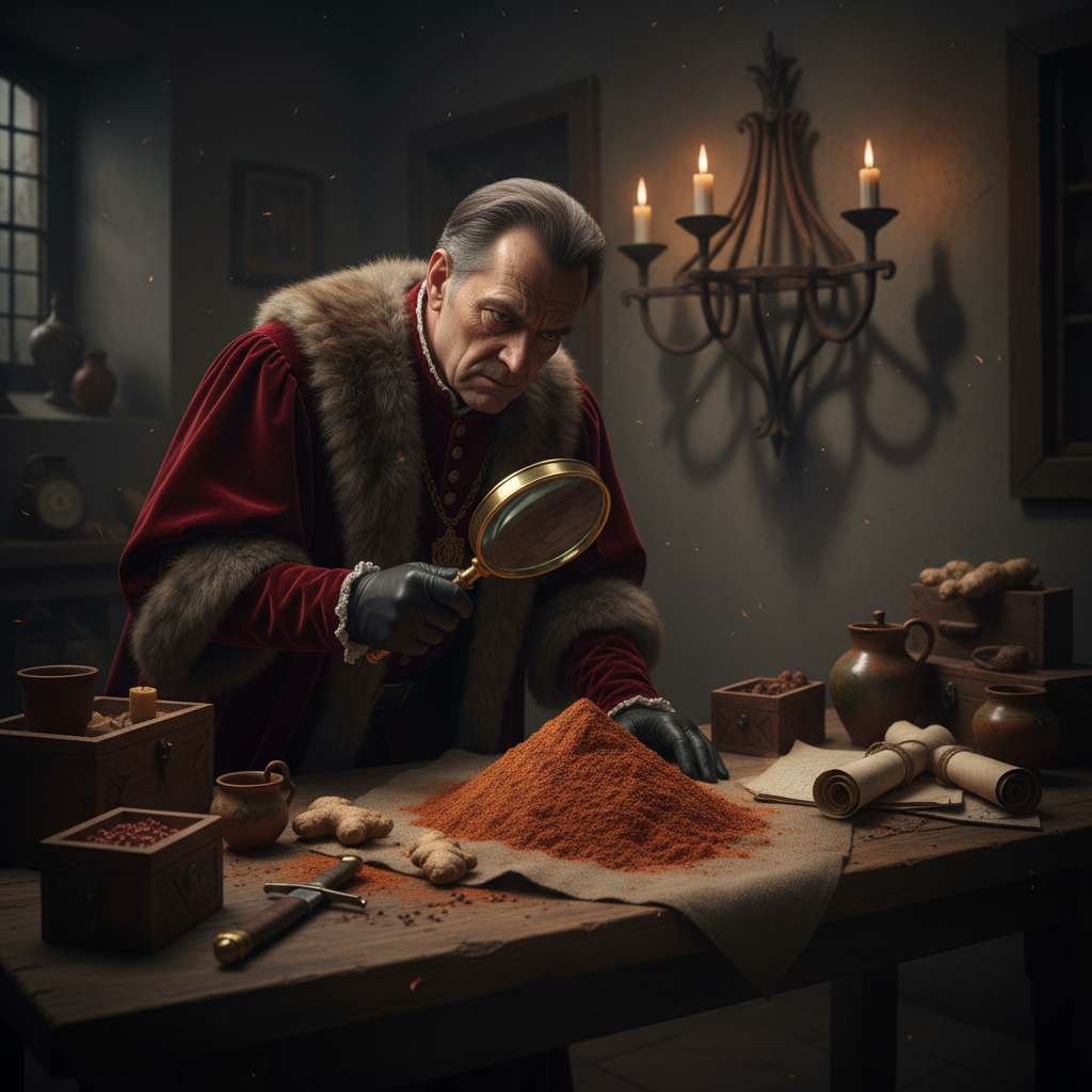 A dimly lit 15th-century inspection chamber where an official in velvet robes examines a pile of red spices through a ma
