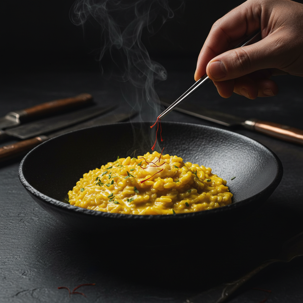 A close-up of a chef’s hand delicately dropping three perfect saffron threads onto a vibrant, creamy risotto.
