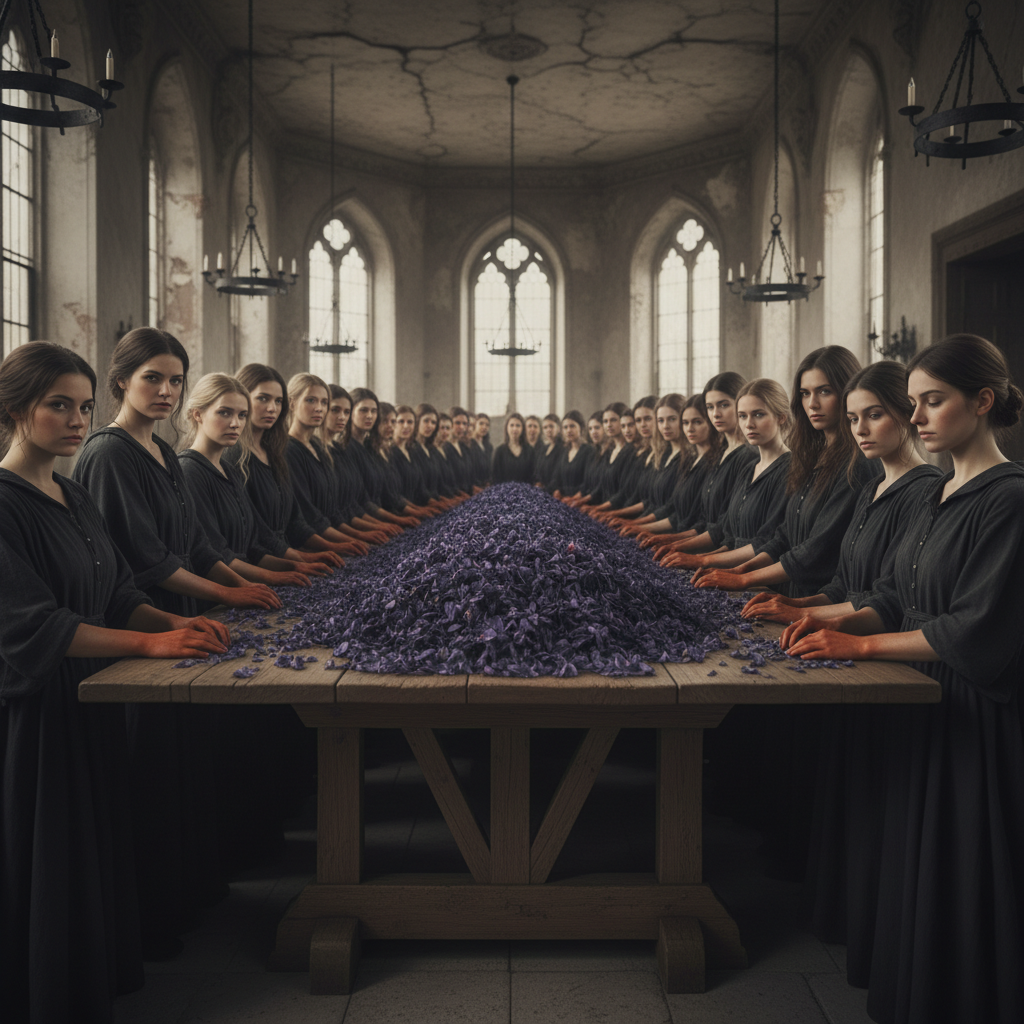 Dozens of women sitting around a large communal table heaped with purple flowers, their hands stained a deep, indelible 