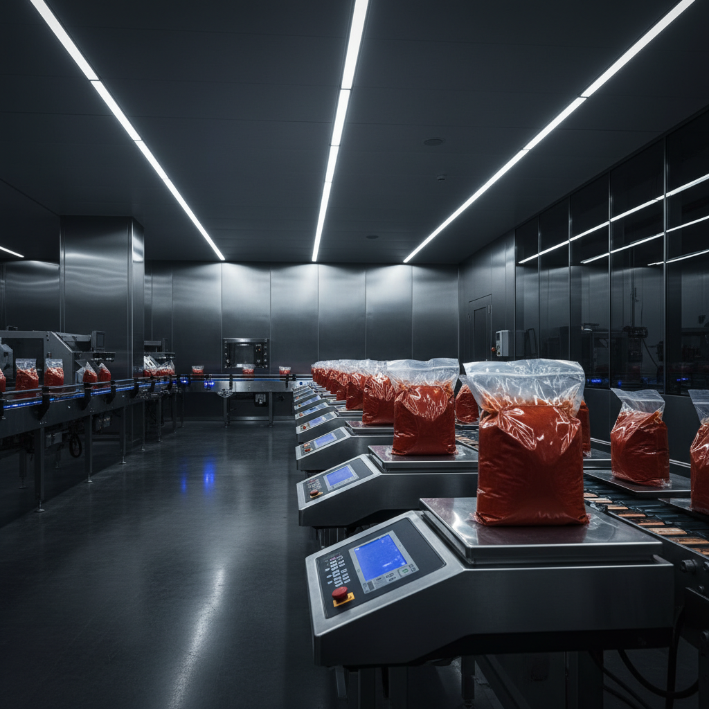 A sleek, modern warehouse interior where high-tech scales and vacuum-sealed bags of red spice sit under cold fluorescent