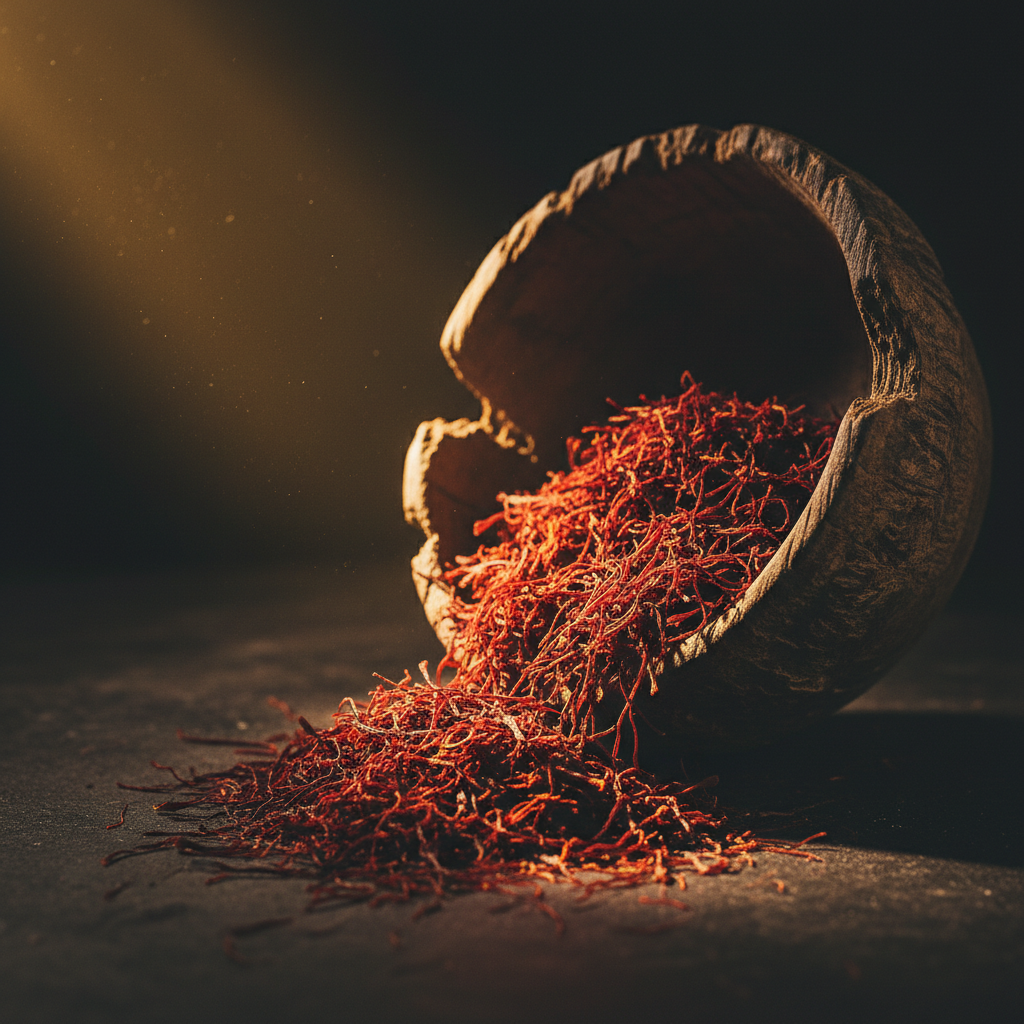 A macro photograph of deep crimson saffron threads spilling out of a weathered wooden bowl, illuminated by a single shaf