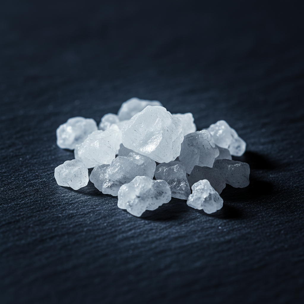A close-up, high-fashion macro shot of jagged sea salt crystals on a dark, slate background, catching a single beam of l