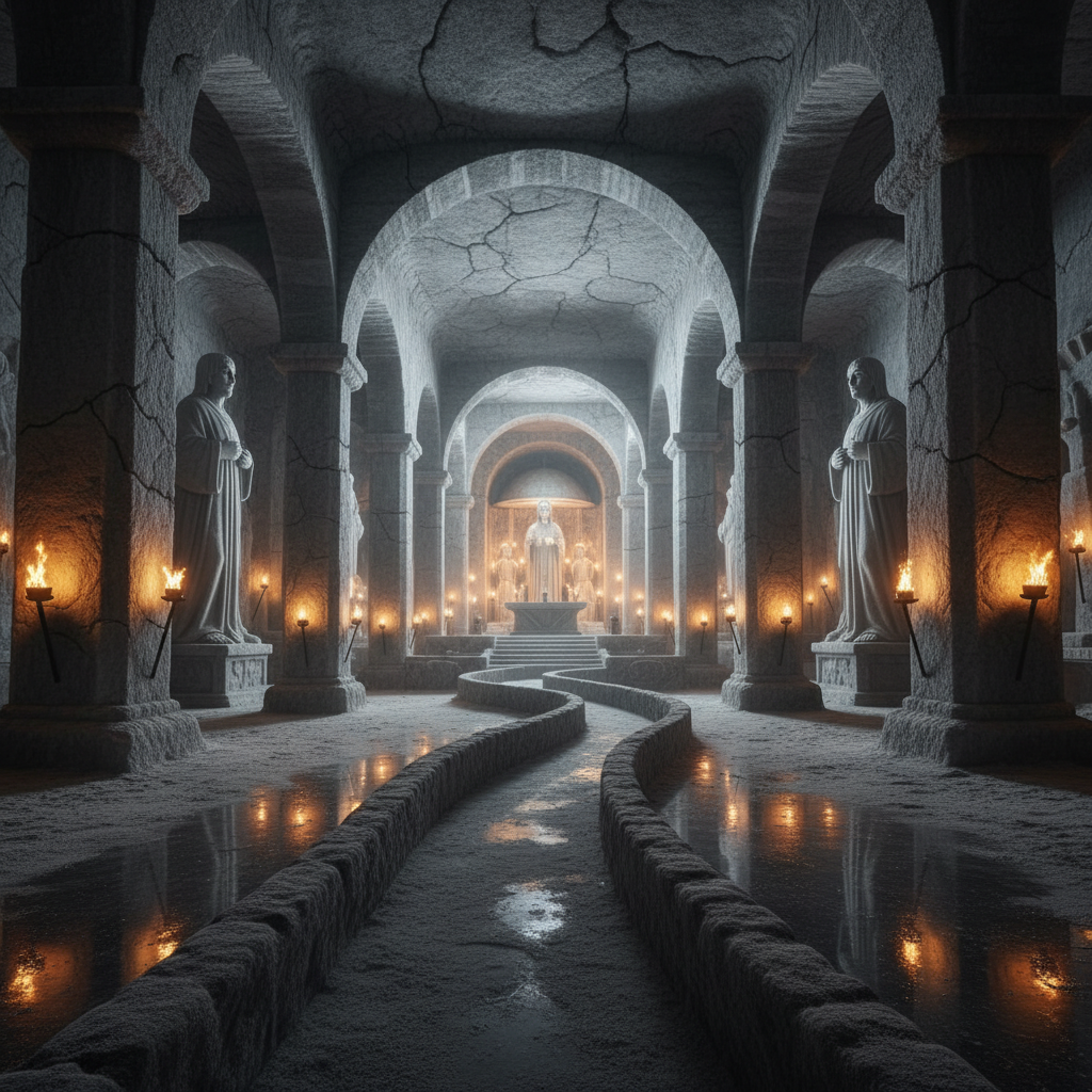 A wide-angle shot of a subterranean salt cathedral, lit by flickering torches, where every pillar and statue is carved f