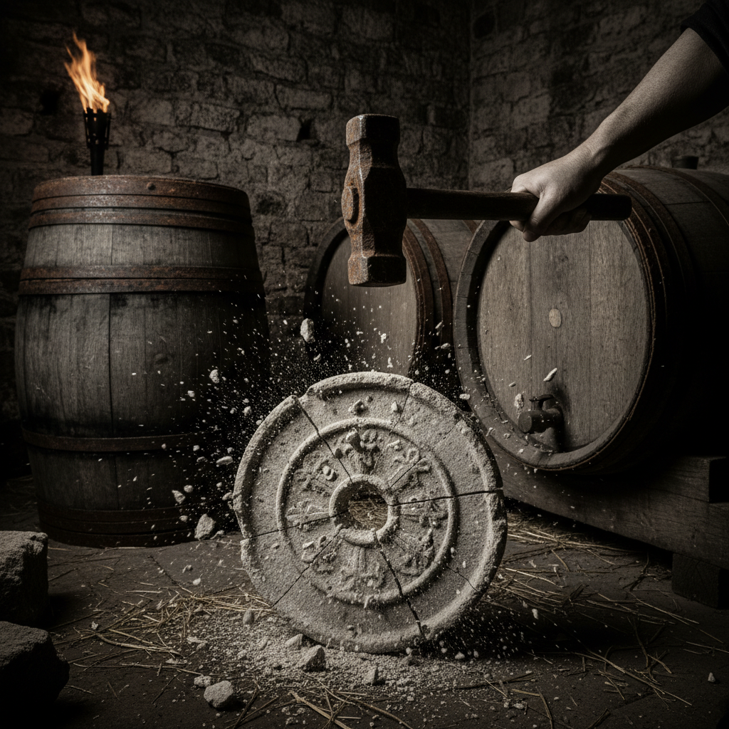 A flickering, high-contrast shot of a 17th-century French cellar, where a heavy iron salt-tax seal is being smashed by a