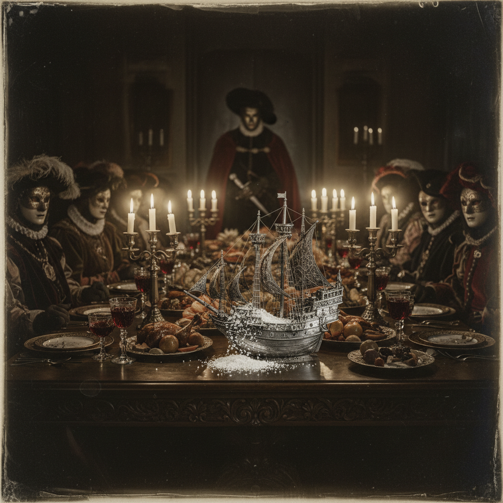 A dimly lit, opulent Venetian banquet scene from the 16th century, focusing on a silver salt cellar in the shape of a sh