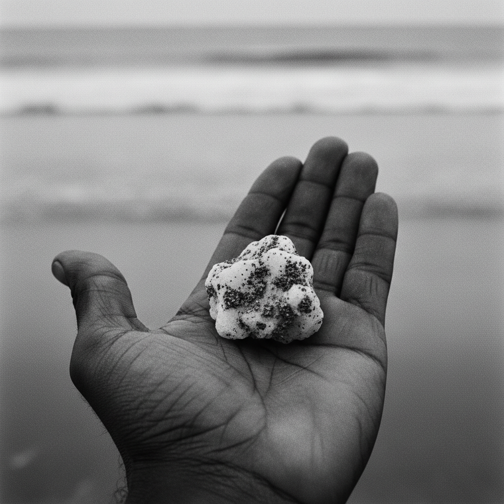 A grainy, black-and-white macro shot of a single, mud-flecked salt crystal resting in the center of a deeply lined, dark