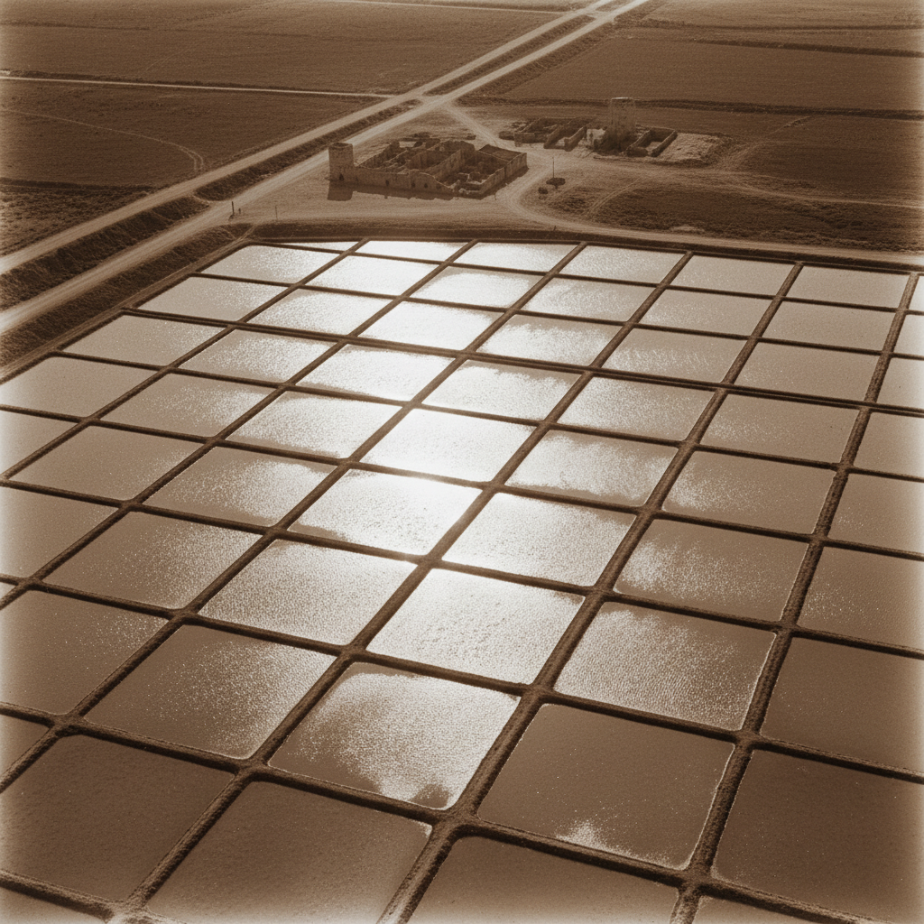 An aerial, sepia-toned photograph of ancient Roman salt pans, the geometric grids of water reflecting a harsh, midday su