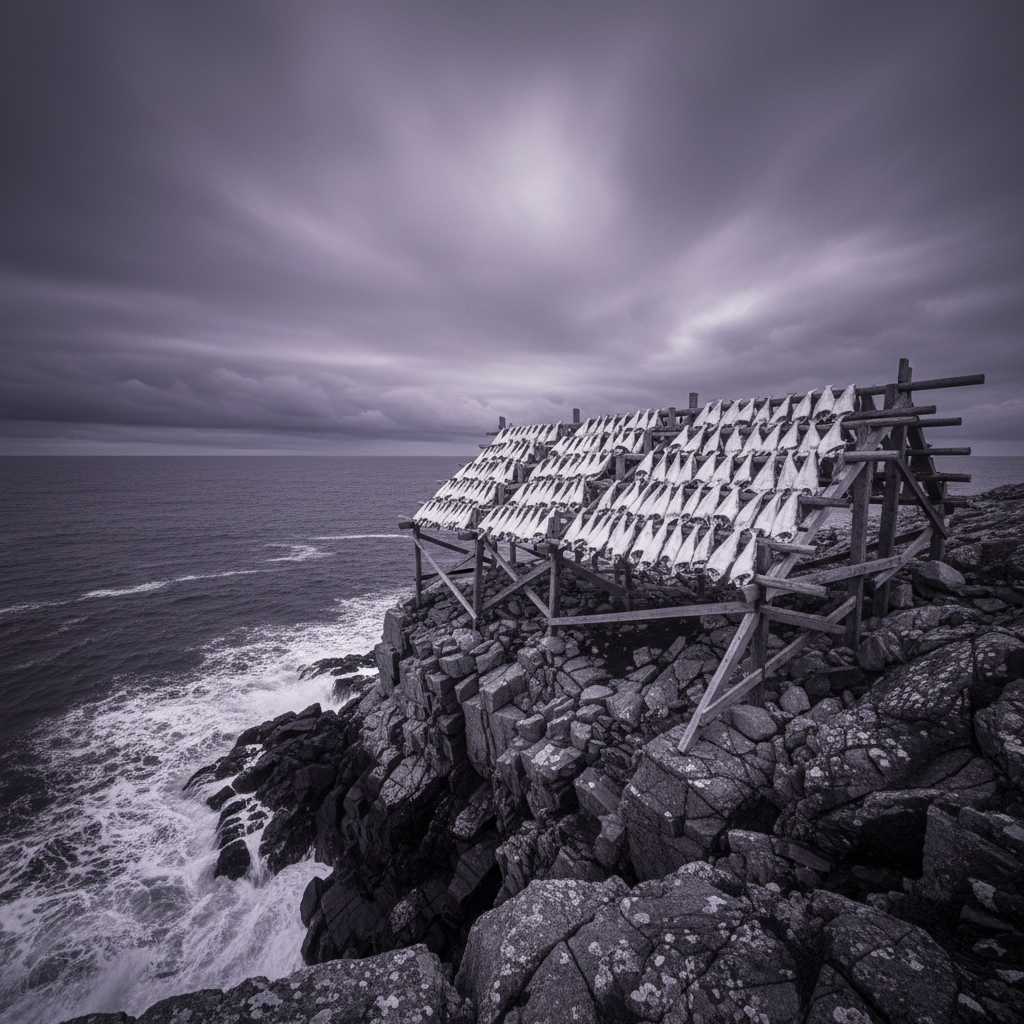 A stark, wide-angle shot of a weathered wooden drying rack on a jagged North Atlantic cliff, draped with white-crusted, 