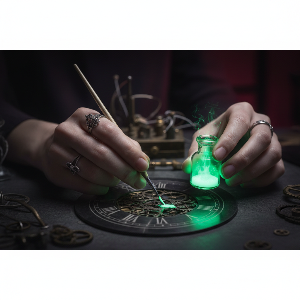 A close-up of a delicate hand holding a thin paintbrush, with a glowing vial of paint and a partially finished watch dia