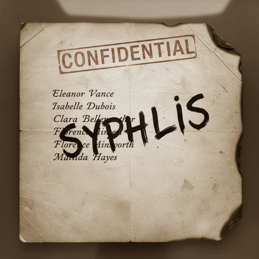 A sepia-toned medical chart with a "Confidential" stamp, the word 'Syphilis' scrawled in aggressive, black ink over a li