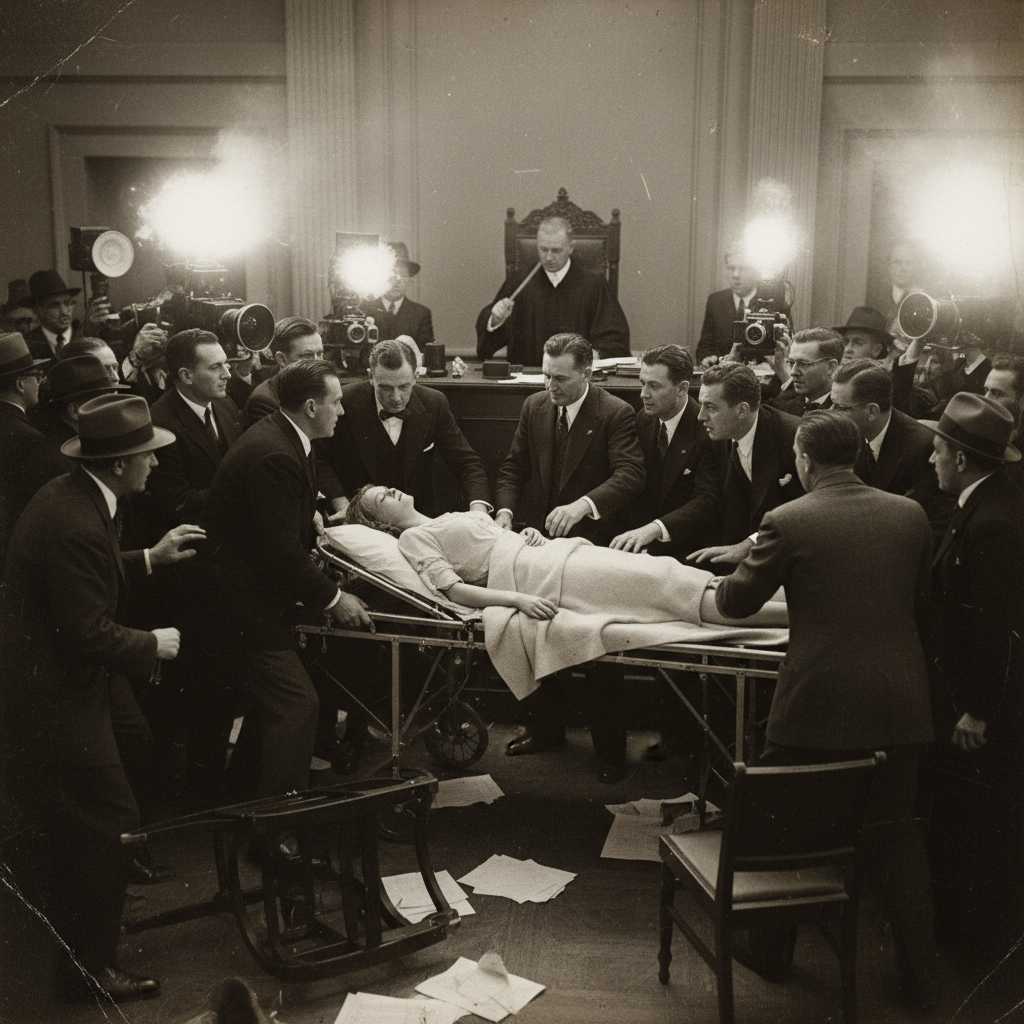 A chaotic courtroom scene; a frail woman lies on a gurney in the center of the room, surrounded by men in dark suits and