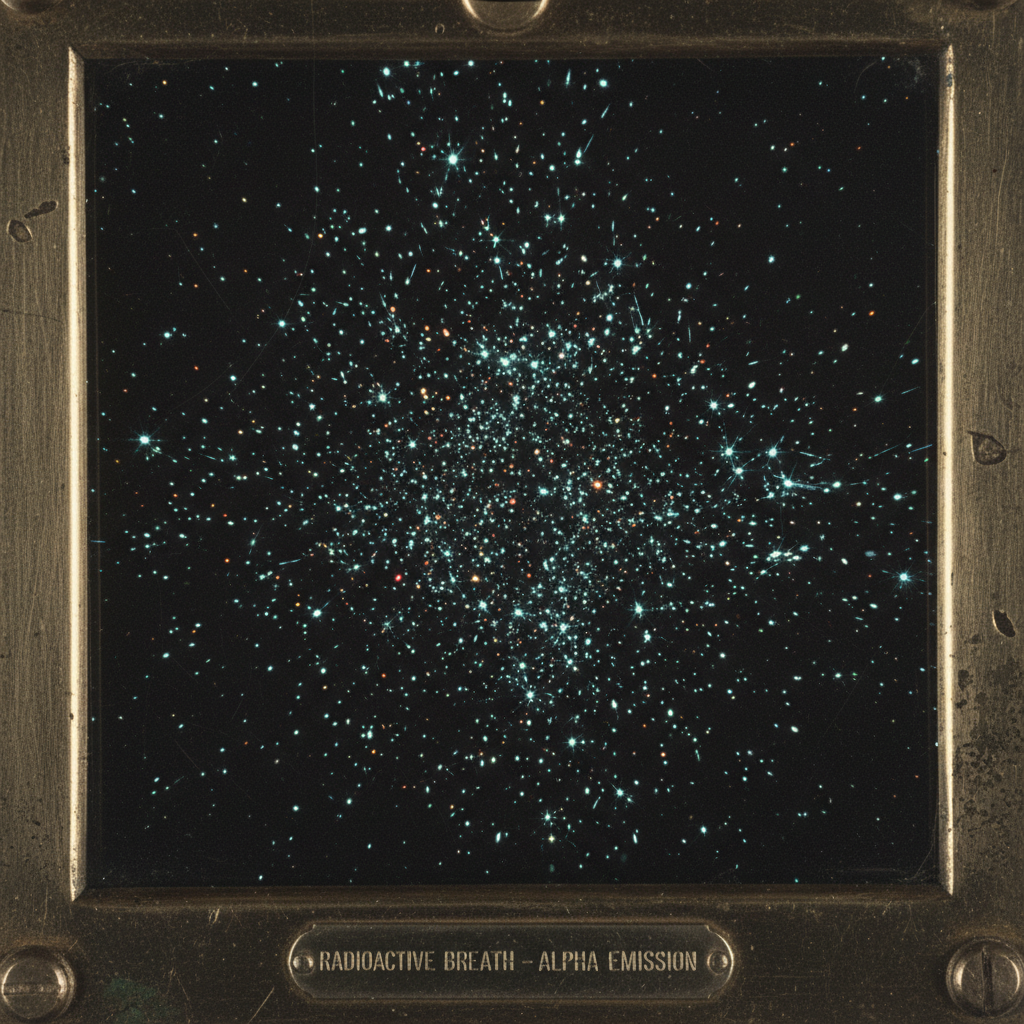 A close-up of a spinthariscope screen, showing hundreds of tiny, brilliant sparks of light - the visual representation of 