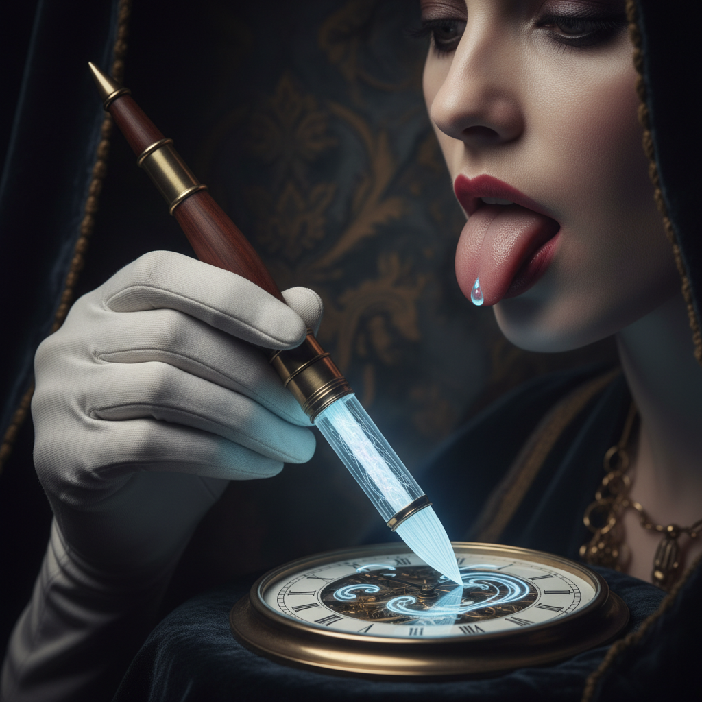 A hand holding a glowing paintbrush poised over a watch dial, the bristles touched by the tip of a woman's tongue.