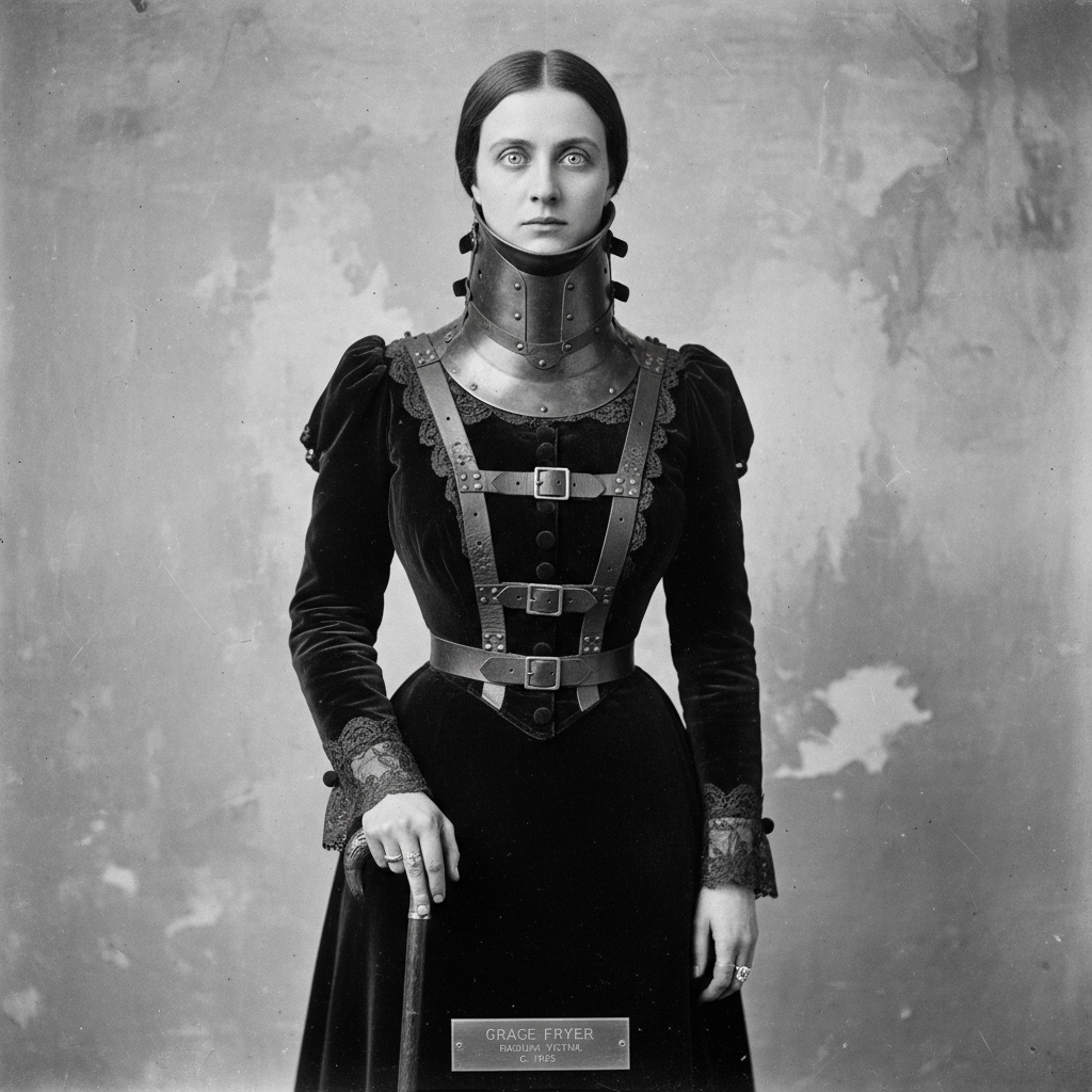 Grace Fryer in a high-collared dress, her neck encased in a rigid steel and leather brace, her eyes burning with a haunt