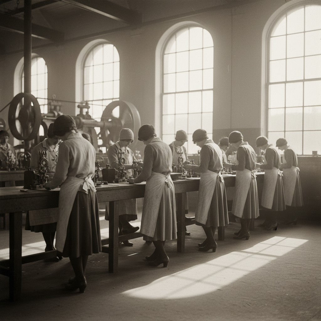 A group of young women in 1920s attire sitting at long wooden benches, hunched over small dials under bright factory win