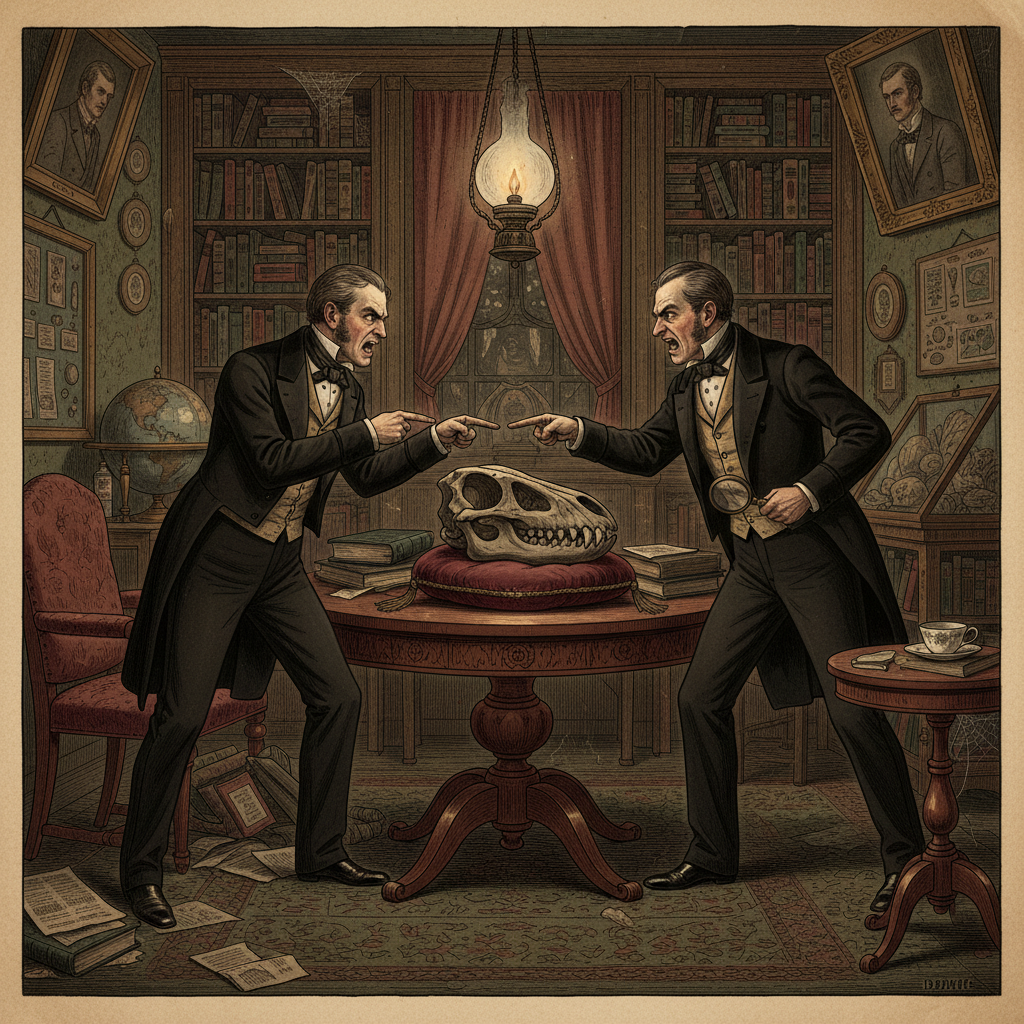 An illustration of a Victorian-era parlor where two men in formal wear are engaged in a heated, finger-pointing argument