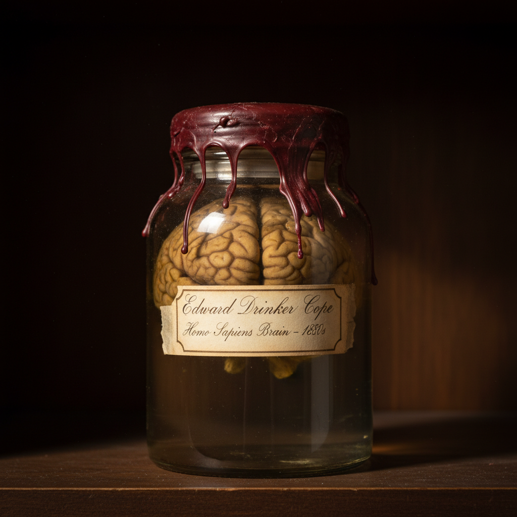 A close-up of a human brain in a vintage glass specimen jar, the lid sealed with wax, labeled with Edward Cope's name in