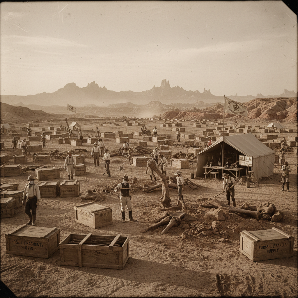 A sprawling 19th-century excavation site in the Wyoming badlands, littered with crates and pickaxes, the horizon shimmer