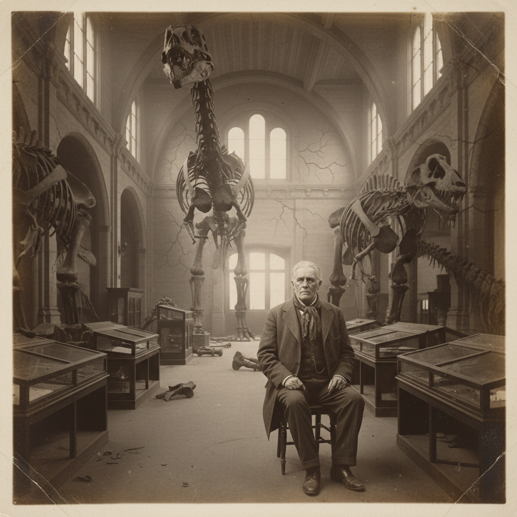 A sepia-toned photograph of an elderly Marsh, his face a map of disappointments, sitting alone among the towering skelet