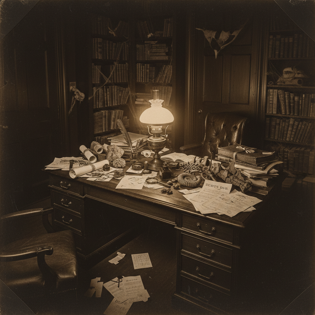 A lonely, cluttered office in the late 1890s, with a single lamp lighting a desk covered in fossils, legal documents, an