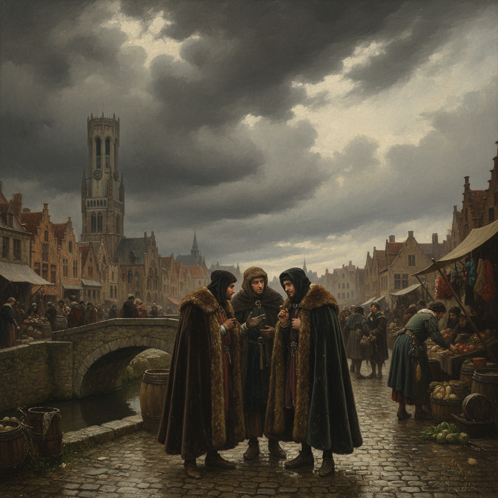 An oil painting of a 15th-century marketplace in Bruges, the sky heavy with grey clouds, merchants in fur-lined robes hu