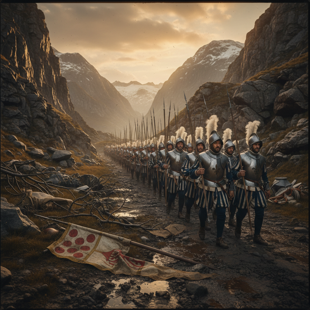 A column of French soldiers marching through a mountain pass, the sunlight glinting off their steel breastplates and the