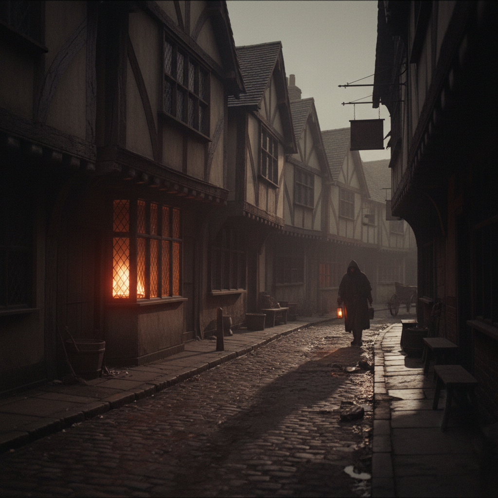 A dimly lit 15th-century London street, timber-framed houses leaning precariously over a muddy lane, the faint, flickeri