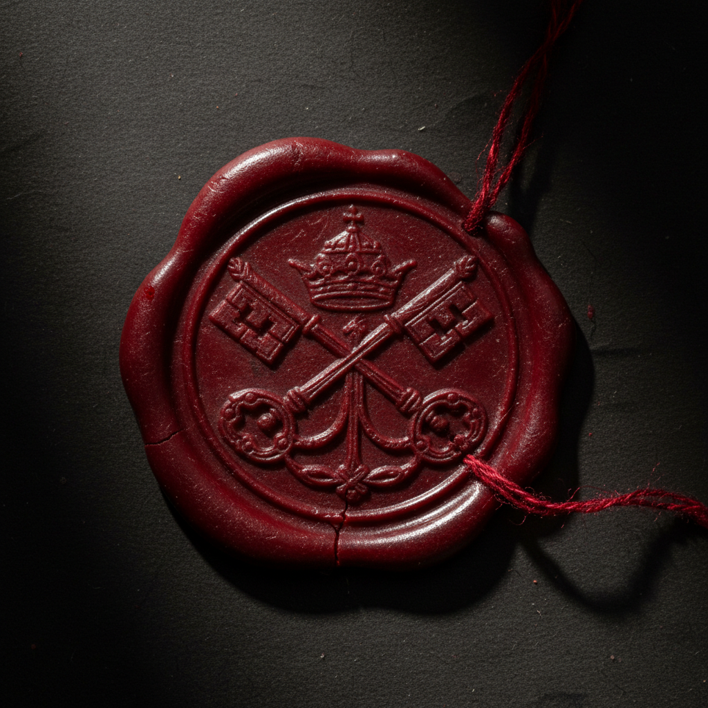 A close-up of a Papal seal in red wax, the intricate design of the crossed keys of St. Peter pressed into the cooling su
