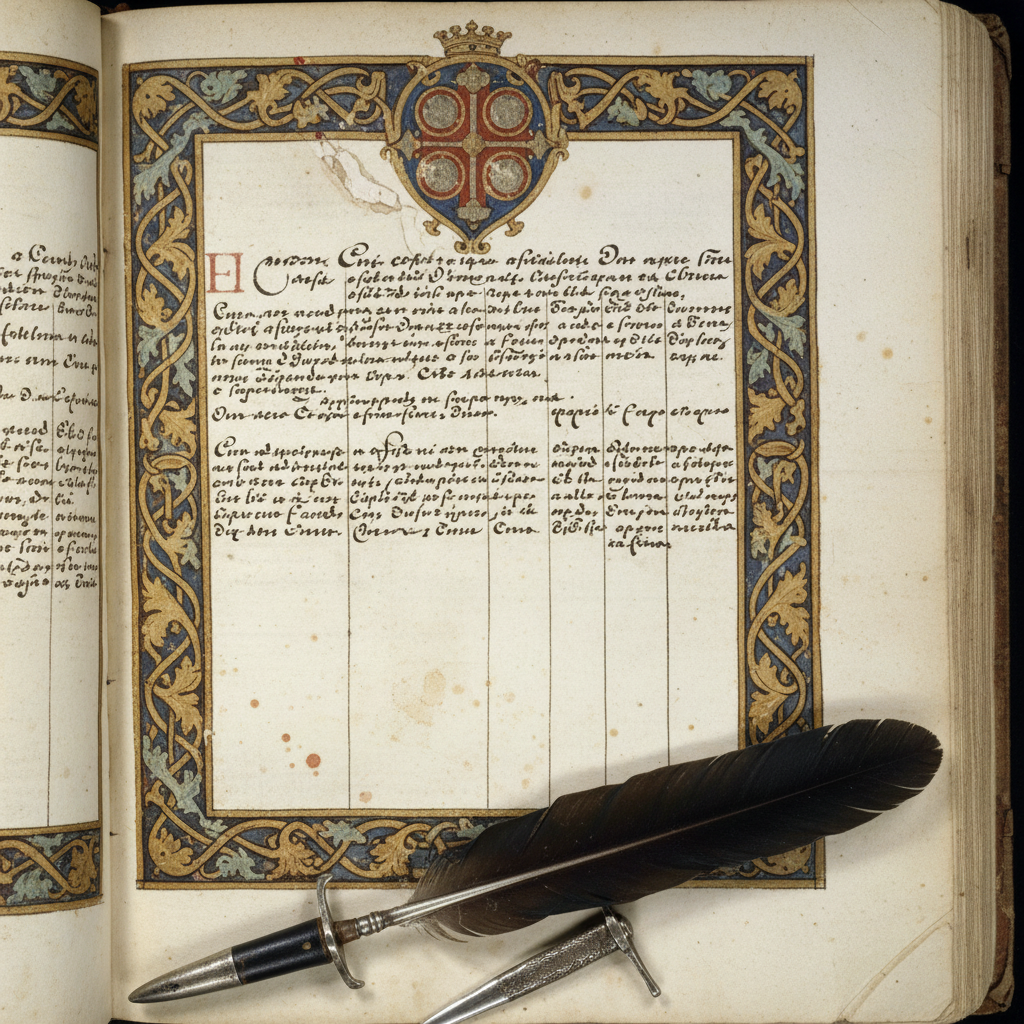 A close-up of a 15th-century ledger, the ink dark and heavy on thick cream vellum, showing columns of figures and the Me