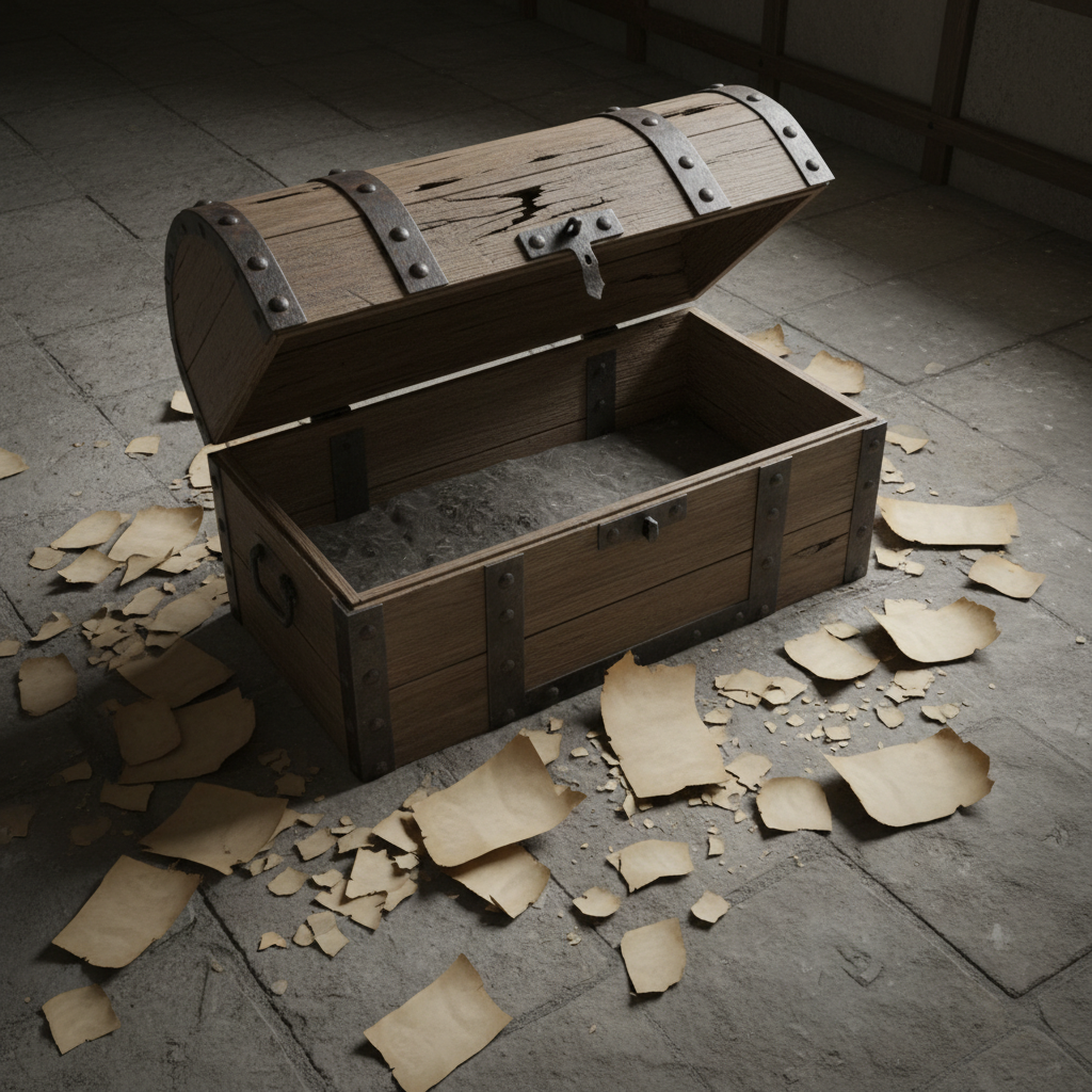 A shattered wooden chest lying on a stone floor, its lid hanging by a single hinge, surrounded by scattered, blank scrap