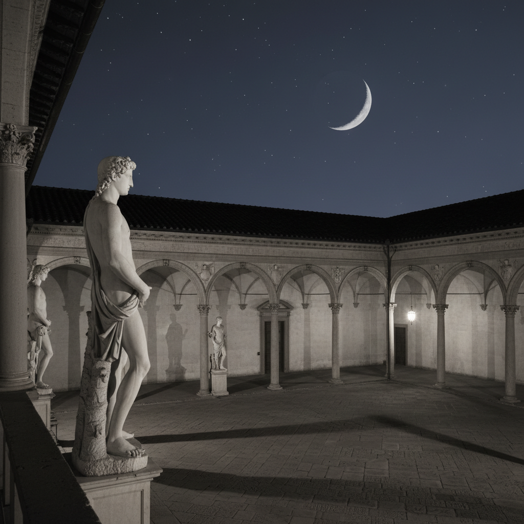 A high-angle shot of the courtyard of the Palazzo Medici, the marble statues standing cold and silent under a moonlit sk