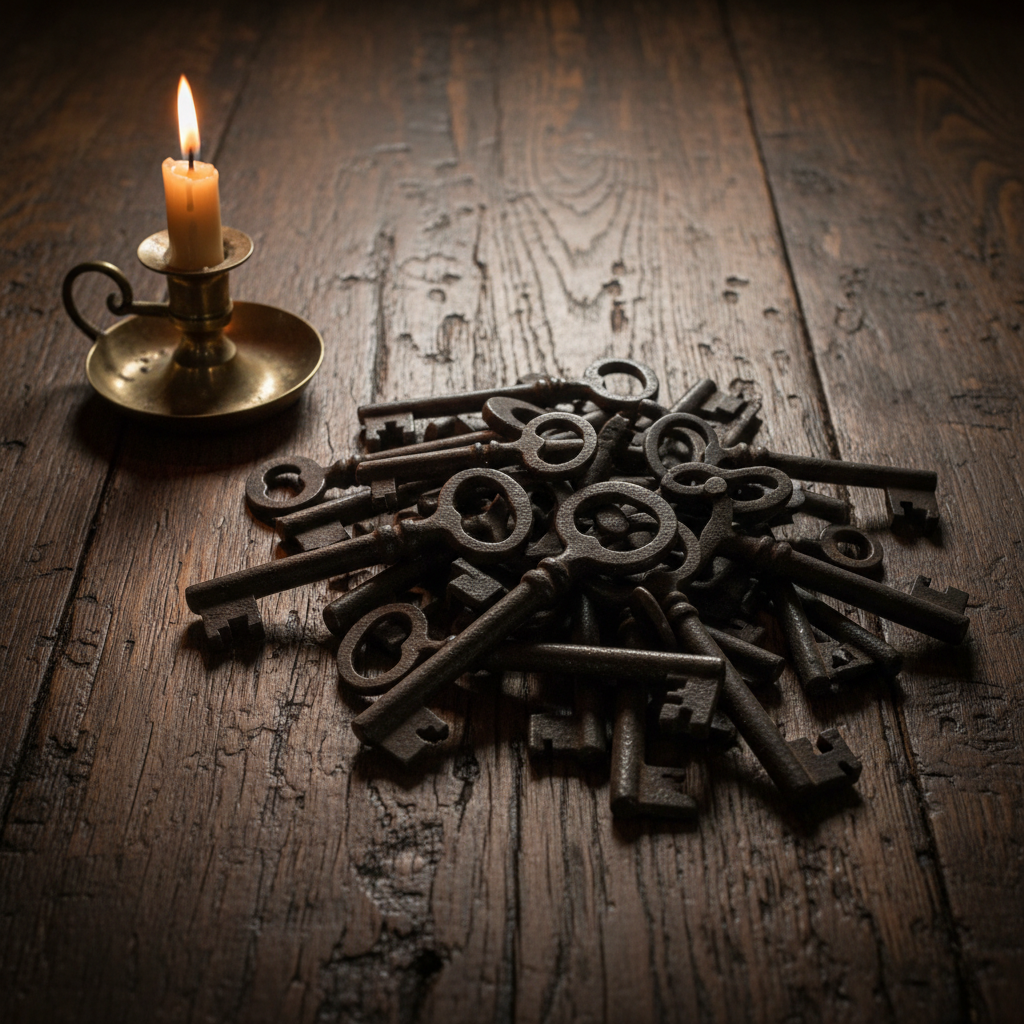 A stack of heavy iron keys lying on a rough wooden table, a single candle casting long, flickering shadows across the de