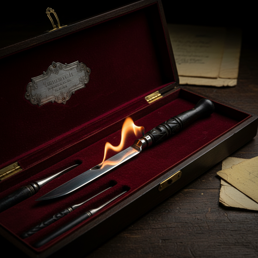 A final shot of a Victorian scalpel resting on a velvet-lined case, its blade polished to a mirror sheen, reflecting a s