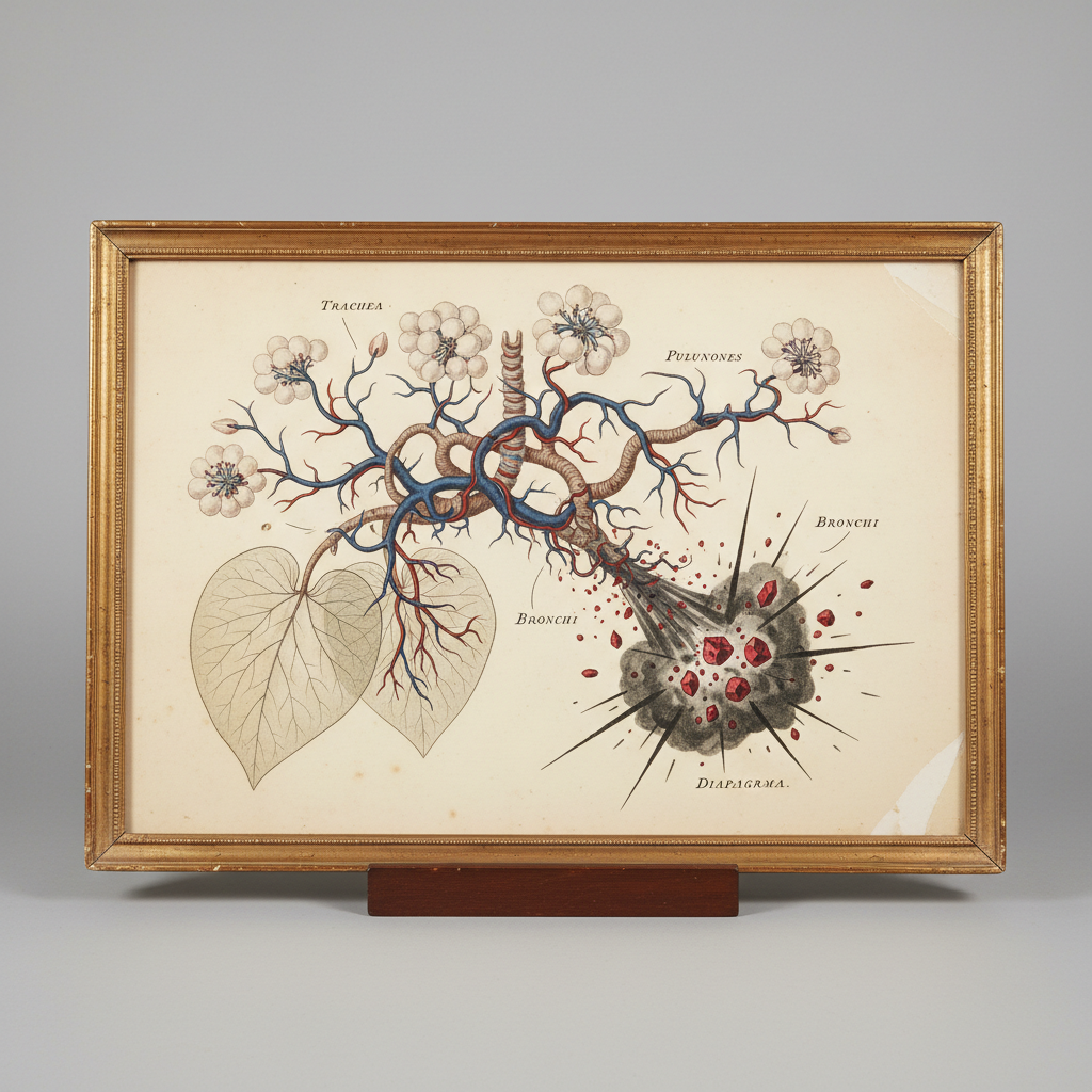 A 19th-century botanical-style illustration of the human respiratory system, detailed and clinical, contrasting the beau