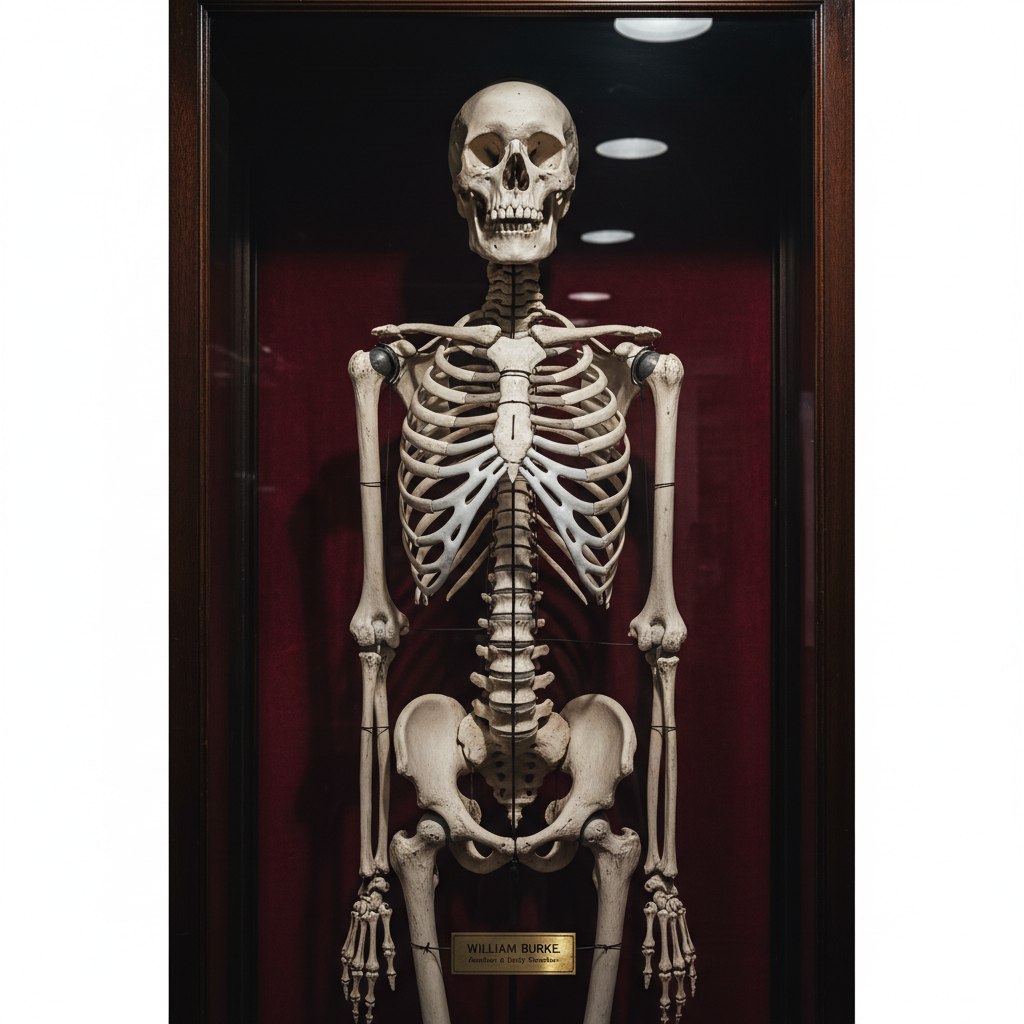 A close-up of a glass display case containing the articulated skeleton of William Burke, the bone bleached white and wir