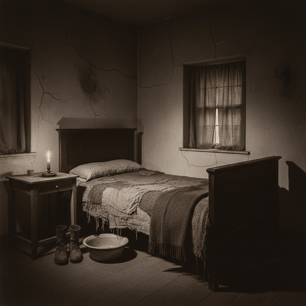 A dimly lit reconstruction of an 1820s lodging house room, sparse and shadowed, with a heavy wooden bed and a single gut