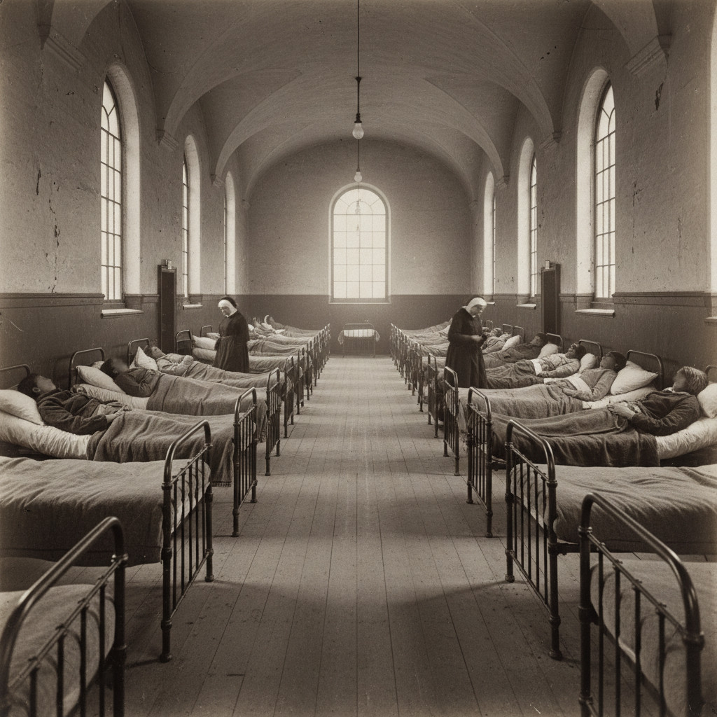 An expansive, somber view of a 19th-century workhouse ward, rows of iron beds fading into the distance under a harsh, cl