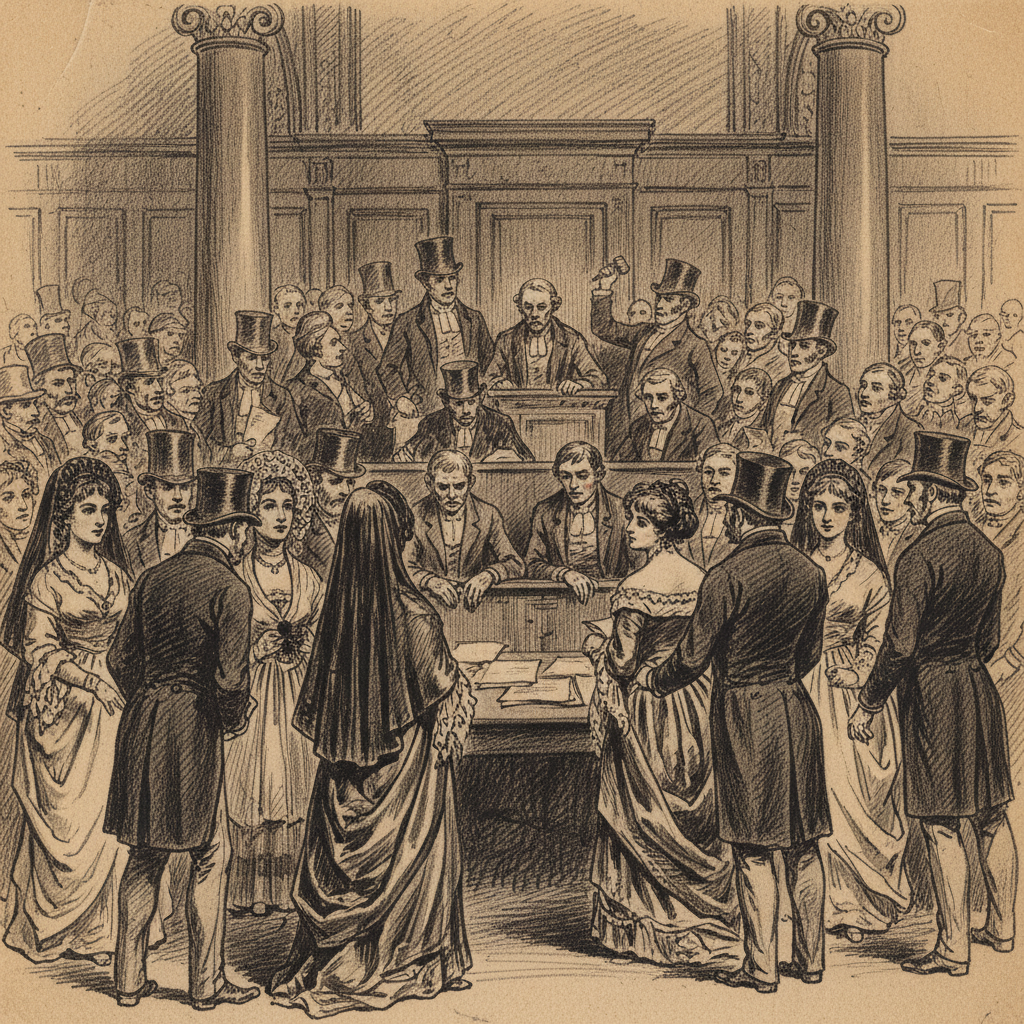 A sketch of the courtroom during the Burke and Hare trial, showing a crowded, chaotic gallery filled with top hats and s