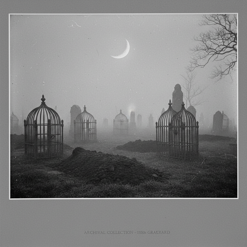 A grainy, atmospheric shot of a 19th-century graveyard at night, the earth freshly turned under a low, silver moon, the 