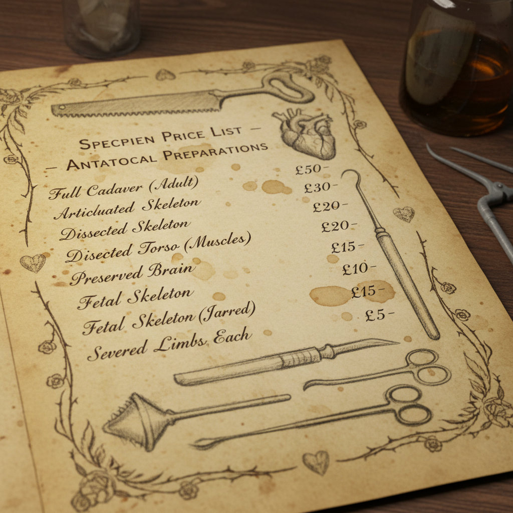 A reproduction of a 19th-century price list from an anatomy school ledger, showing handwritten costs for different 'spec