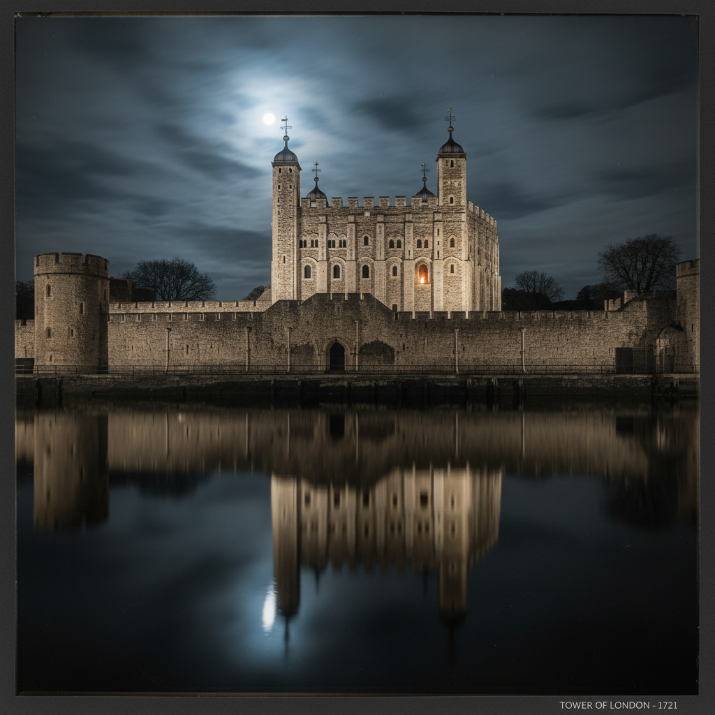 The Tower of London at night, its ancient stone walls reflected in the dark water, with a single candle burning in a hig