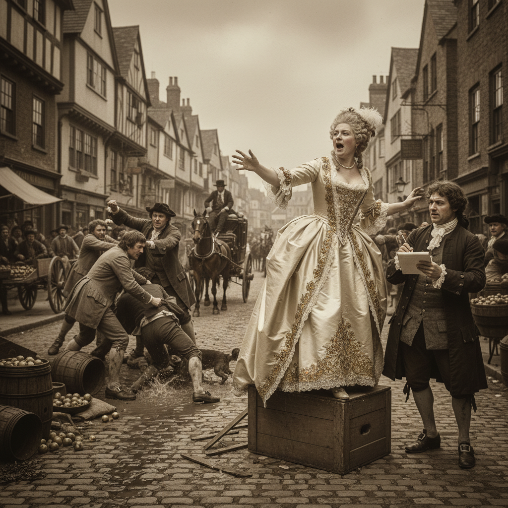 A chaotic street scene in London, 1720, showing a woman in a fine silk gown being hoisted onto a wooden crate so she can