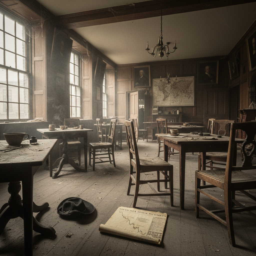 The interior of Jonathan’s Coffee House in late September 1720, the air still thick with smoke but the tables now abando
