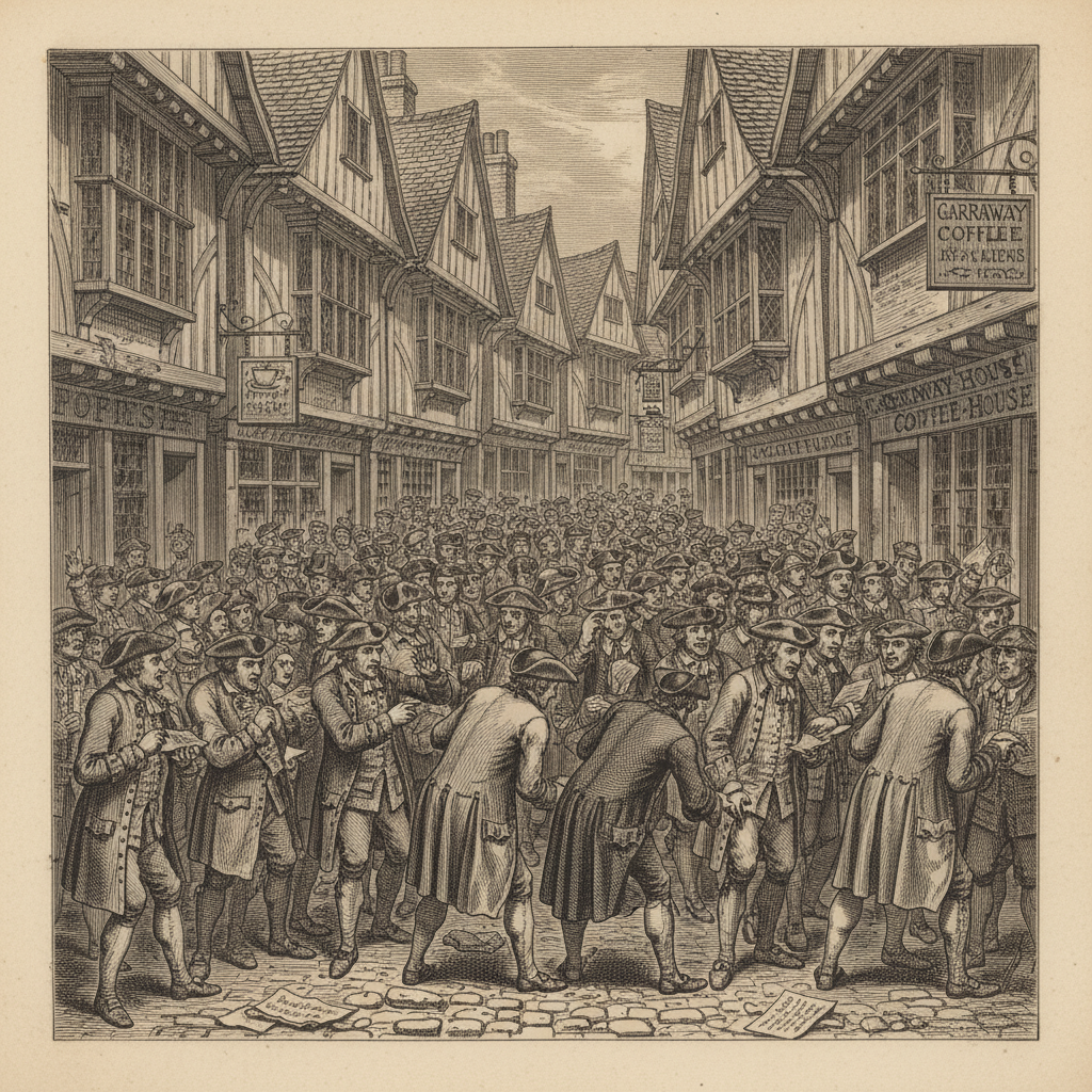 A sepia-toned engraving of Exchange Alley at its peak, a claustrophobic canyon of timber-framed buildings with a sea of 