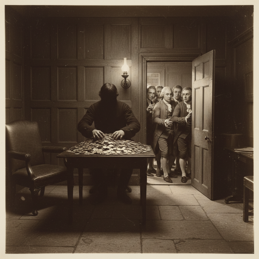 A small, dimly lit office in Cornhill, where a man with his face obscured by shadow sits behind a simple wooden table, h