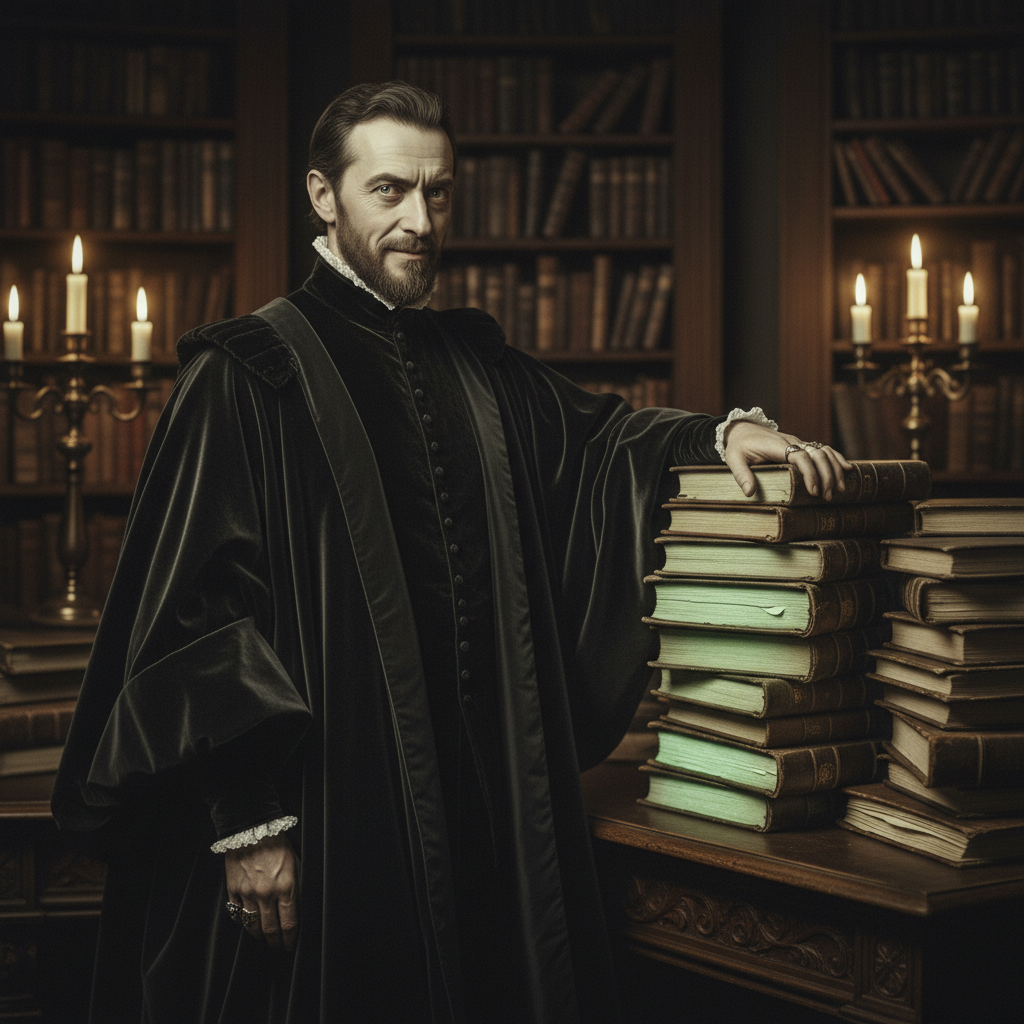 A portrait of John Aislabie in dark, heavy velvet robes, his hand resting on a stack of ledgers that seem to glow unnatu