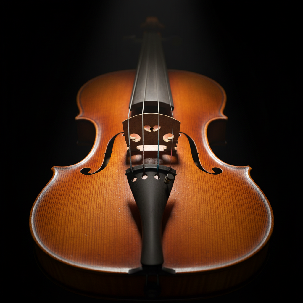 A close-up of the "Lady Blunt" Stradivarius, showing the orange-brown varnish and the tight, vertical grain of the spruc