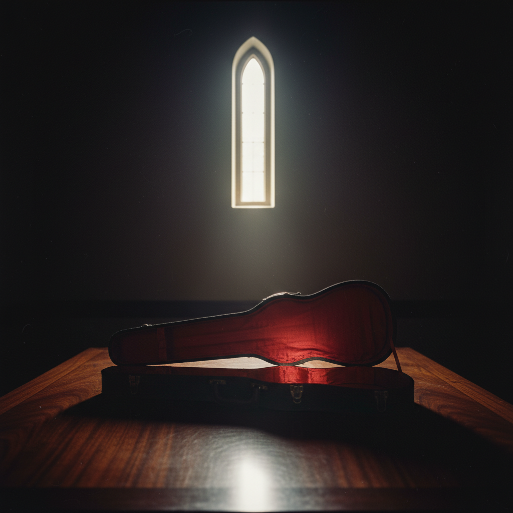 A silhouette of an empty violin case lined in blood-red silk, sitting open on a polished mahogany table in a room where 