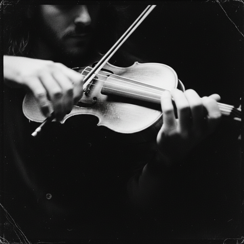 A blurry, high-contrast shot of a violinist's hands in motion, the bow a white streak against the dark wood of the instr